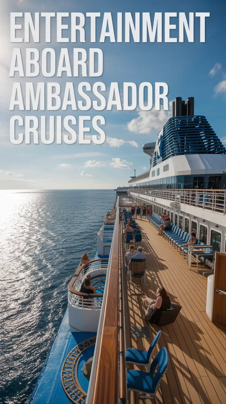 Big text overlay aligned left: Entertainment Aboard Ambassador Cruises. On a cruise ship. Don't add any other text. Bright sunny day.