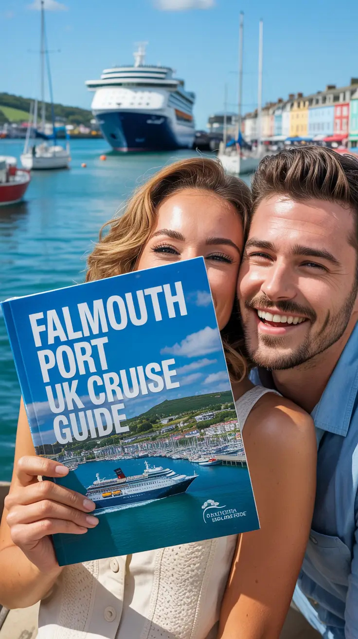 A vibrant lifestyle advertisement showcasing the "Falmouth Port UK Cruise Guide" against the backdrop of a bustling, sun-drenched harbor filled with sailboats and a large cruise ship departing. The guide is prominently displayed, held by a smiling couple in stylish travel attire, with bright turquoise waters and colorful buildings of Falmouth visible behind them. Warm, natural lighting highlights the inviting atmosphere and sense of adventure, with bold modern text aligned to the left, embodying the spirit of coastal exploration.