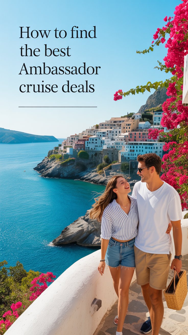 A vibrant lifestyle advertisement showcasing the allure of Ambassador Cruise deals, set against the backdrop of a sun-drenched Mediterranean coastline, featuring a panoramic vista of turquoise waters, whitewashed villages clinging to cliffs, and vibrant bougainvillea spilling over stone walls. The image focuses on a young couple joyfully exploring a charming coastal town, capturing the essence of relaxed travel and discovery, bathed in the warm glow of a bright sunny day. Positioned in the upper left corner, aligned to the left edge, is the text "How to Find the Best Ambassador Cruise Deals" in a clean, modern font, ensuring clarity without obstructing the scene’s natural beauty, while the overall aesthetic evokes a sense of adventure, serenity, and accessible luxury, aligning with the Ambassador Cruise brand.