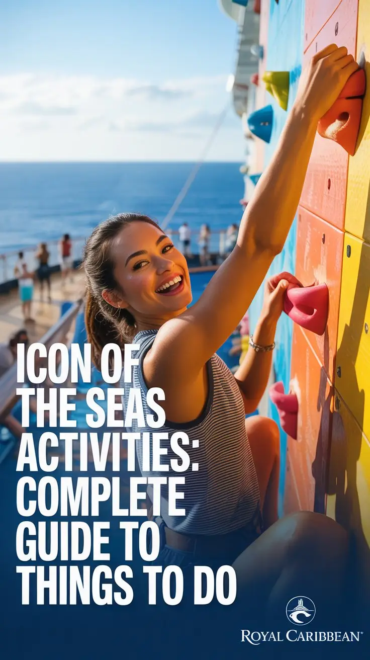A dynamic lifestyle advertisement showcasing the "Icon of the Seas" cruise ship, featuring a smiling young woman confidently scaling a brightly colored climbing wall with ocean views in the background. The scene is illuminated with bright, natural light emphasizing the vibrancy of the climbing holds and the expansive blue of the sea, creating a sense of adventure and excitement, while a subtle, blurred image of the ship's deck and other passengers can be seen in the distance. Aligned to the left, bold white text reads "Icon of the Seas Activities: Complete Guide to Things to Do" layered over the image, with the Royal Caribbean logo discreetly positioned in the bottom right corner to reinforce the brand identity and overall energetic and aspirational aesthetic.
