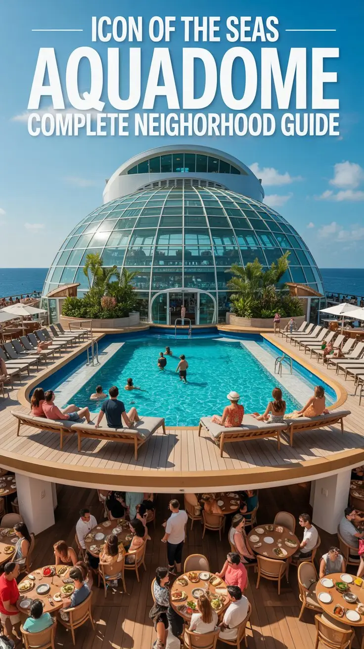 A vibrant, travel-style promotional image showcasing the "Icon of the Seas AquaDome: Complete Neighborhood Guide". The AquaDome is the central focus, featuring a massive glass dome structure filled with lush tropical landscaping and a sparkling turquoise pool, with several guests lounging on comfortable daybeds around the pool's edge. Below the dome, a bustling food hall is visible, showcasing various cuisines and lively diners, with soft, warm lighting highlighting the ambiance. The scene is captured during a bright, sunny day with the ocean visible in the distance, creating a sense of luxury and relaxation.