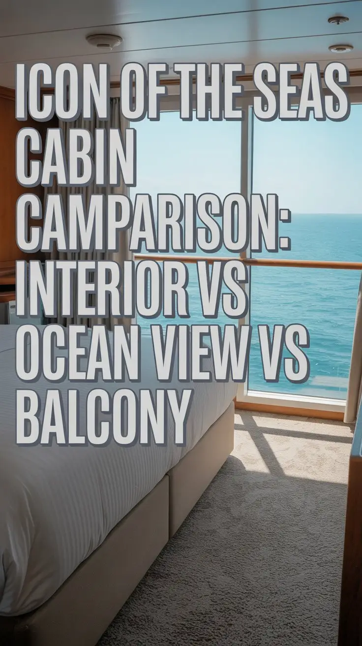 A photograph showcasing a pristine cruise ship cabin interior, specifically an ocean view room. The room features plush, neutral-toned carpeting, a comfortable queen-sized bed with crisp white linens, and a large picture window revealing a calm turquoise ocean. Overlayed on the left side of the image in bold, modern font is the text "Icon of the Seas Cabin Comparison: Interior vs Ocean View vs Balcony" with a subtle drop shadow, and soft natural light fills the cabin, highlighting the room's clean and inviting atmosphere.
