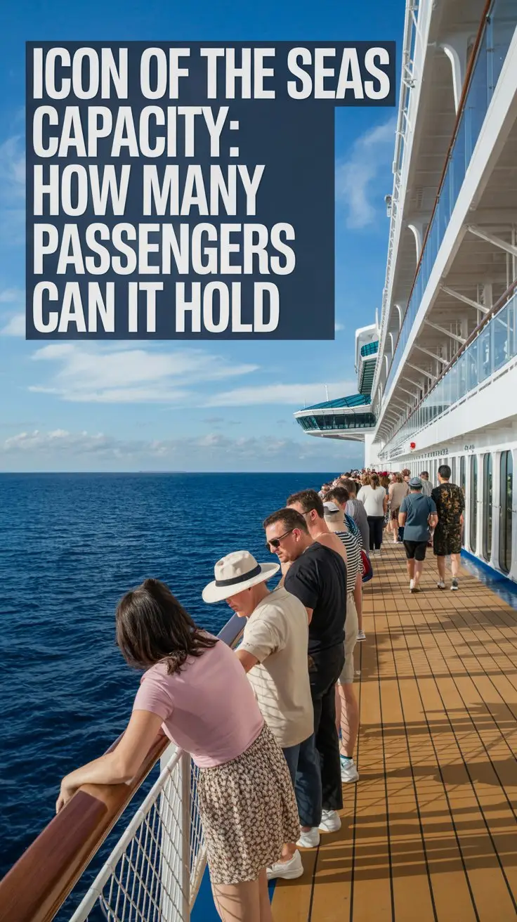 Big Text overlay aligned left: "Icon of the Seas Capacity: How Many Passengers Can It Hold". Casual tourists in a cruise ship. No added text.