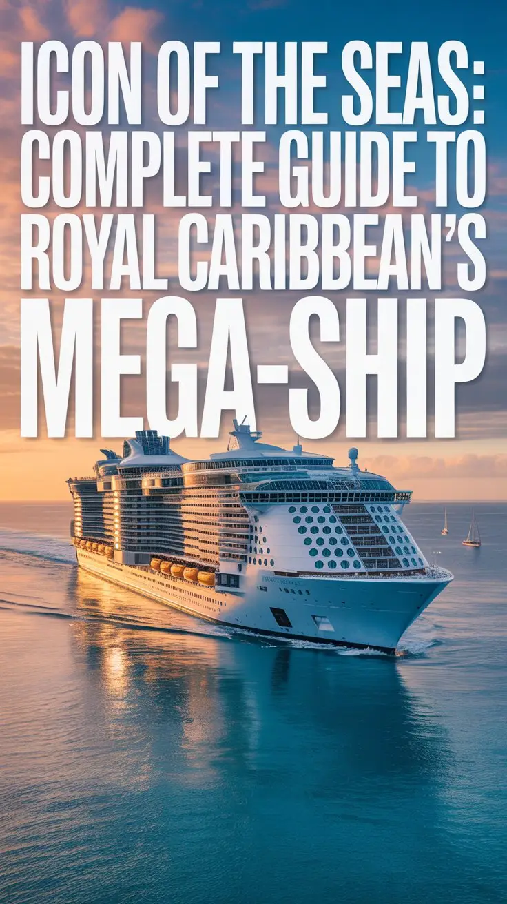 A travel magazine cover featuring "Icon of the Seas: Complete Guide to Royal Caribbean's Mega-Ship" in large, bold, white lettering aligned to the left. The central focus is a stunning wide-angle perspective of the ship sailing through crystal-clear turquoise waters beneath a vibrant sunset sky, highlighting its massive scale and intricate architectural details. Reflections of the ship and sky shimmer on the water's surface, while a few distant sailboats add a sense of scale and leisure. The background includes a subtle gradient of warm orange and pink hues, creating a sense of adventure and luxury.