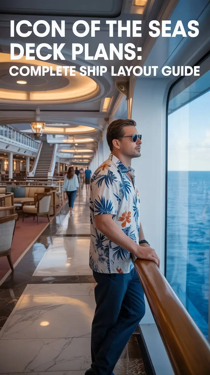 A detailed architectural illustration of a cruise ship interior showcasing "Icon of the Seas Deck Plans: Complete Ship Layout Guide" aligned to the left. A casually dressed tourist, wearing a Hawaiian shirt and sunglasses, stands near a panoramic window, gazing out at the ocean. The spacious interior features elegant furnishings, marble floors, and subtle ambient lighting highlighting the ship’s design and layout. In the background, blurred figures stroll along the promenade, and a portion of the ship's winding staircases can be glimpsed, creating a sense of vastness and luxury.