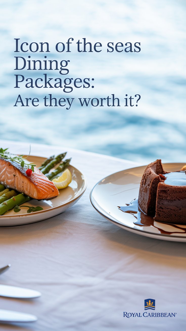 A sophisticated product shot advertisement for Royal Caribbean's "Icon of the Seas Dining Packages" featuring two elegantly plated dinners side-by-side on a crisp white linen tablecloth, bathed in soft, diffused natural light highlighting the vibrant colors and textures of the dishes. On the left plate, a perfectly seared salmon with asparagus and lemon wedges sits alongside a rich chocolate lava cake on the right, both showcasing meticulous culinary presentation and inviting aromas. A clean, modern font places "Icon of the Seas Dining Packages: Are They Worth It?" aligned to the left, allowing the focus to remain on the quality of the food, while a subtle Royal Caribbean logo is discreetly placed in the bottom right corner, conveying a premium and luxurious dining experience.