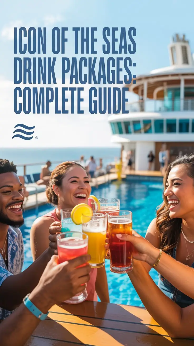 A vibrant lifestyle advertisement for Royal Caribbean's "Icon of the Seas" drink packages, showcasing a group of diverse friends laughing and clinking colorful tropical drinks at a poolside bar bathed in golden hour sunlight. The composition focuses on a variety of visually appealing drinks – bright pink cocktails, frosty mugs of beer, and sparkling fruit infusions – set against the backdrop of the ship’s expansive pool deck with blurred ocean views, highlighting a sense of carefree enjoyment and luxury. Overlaid on the left side of the image in a bold, modern sans-serif font is the text "Icon of the Seas Drink Packages: Complete Guide" ensuring clear visibility without distracting from the celebratory scene, with subtle Royal Caribbean branding – a stylized wave logo – positioned discreetly in the corner to reinforce brand recognition and a cheerful, inviting aesthetic.