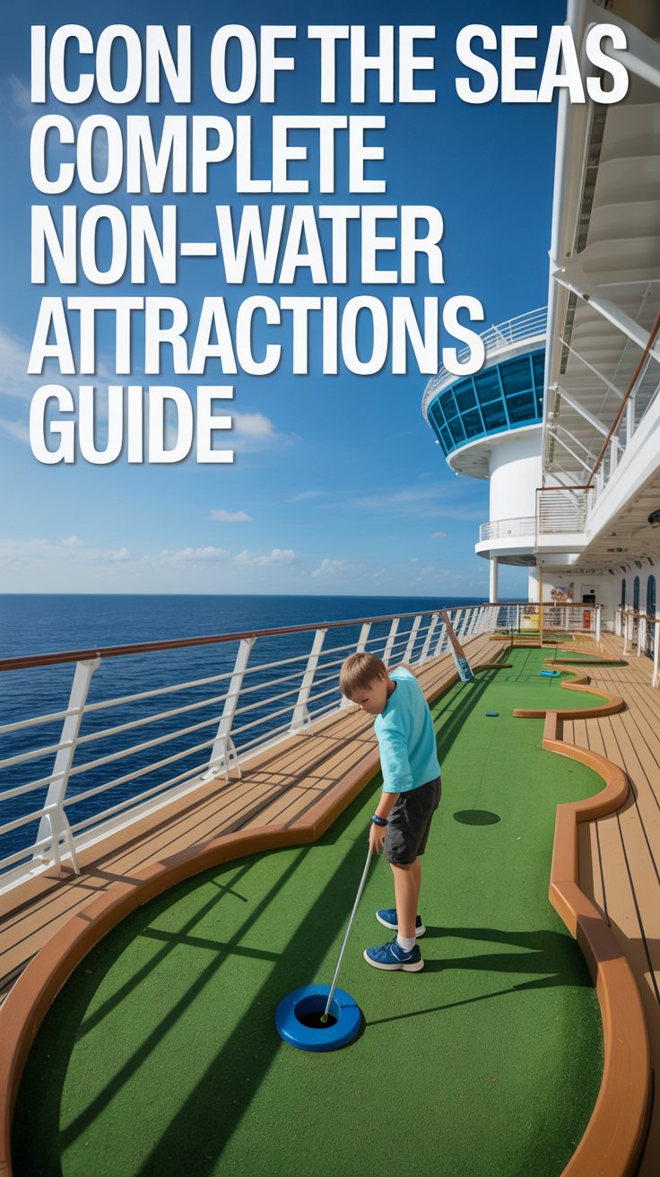 Big Text overlay aligned left: "Icon of the Seas Complete Non-Water Attractions Guide". Kid playing mini golf on a cruise ship. no other added text.