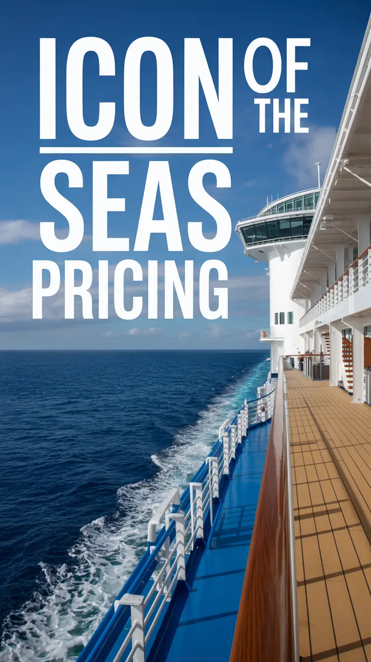 Big text overlay aligned left: Icon of the Seas Pricing. On a cruise ship. Bright sunny day.