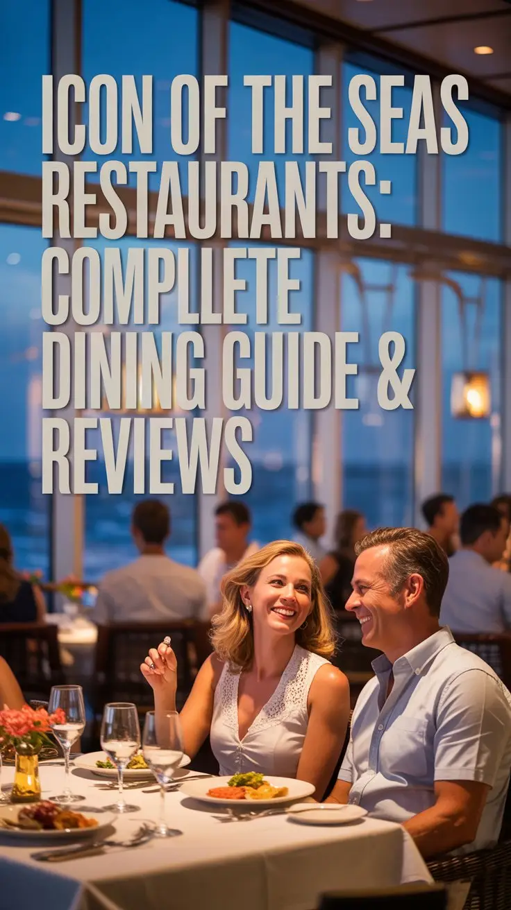 A vibrant lifestyle advertisement showcasing the diverse dining options aboard Royal Caribbean's "Icon of the Seas," featuring a relaxed, mid-aged tourist couple enjoying a meal at a beautifully set table in a sophisticated onboard restaurant. The scene is bathed in warm, ambient lighting, highlighting the intricate details of the tableware and the couple's genuine smiles, with a blurred background of the bustling restaurant and ocean views through large panoramic windows. Large, stylized text aligned to the left proclaims "Icon of the Seas Restaurants: Complete Dining Guide & Reviews" in a clean, modern font, while subtle Royal Caribbean branding is integrated discreetly into the restaurant decor, creating a welcoming and aspirational atmosphere that emphasizes the cruise line's culinary offerings. The overall mood is upscale yet approachable, communicating a premium experience and inviting potential passengers to explore the ship’s exceptional dining scene.