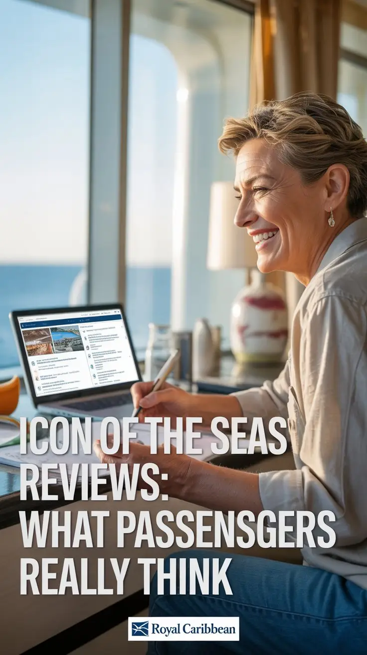 A lifestyle advertisement showcasing the allure of Royal Caribbean's "Icon of the Seas" cruise ship, featuring a casually dressed, mid-aged tourist smiling warmly while reviewing notes at a writing desk in a bright, spacious stateroom with a partial ocean view. The scene is bathed in natural light streaming through the large window, creating a relaxed and inviting atmosphere with a shallow depth of field to blur the background and focus on the tourist’s genuine expression. A laptop displaying travel review websites is subtly visible, with the large text overlay "Icon of the Seas Reviews: What Passengers Really Think" prominently aligned to the left, while a small Royal Caribbean logo is discreetly placed in the bottom corner to maintain a clean, authentic feel reflecting the ship's modern luxury.