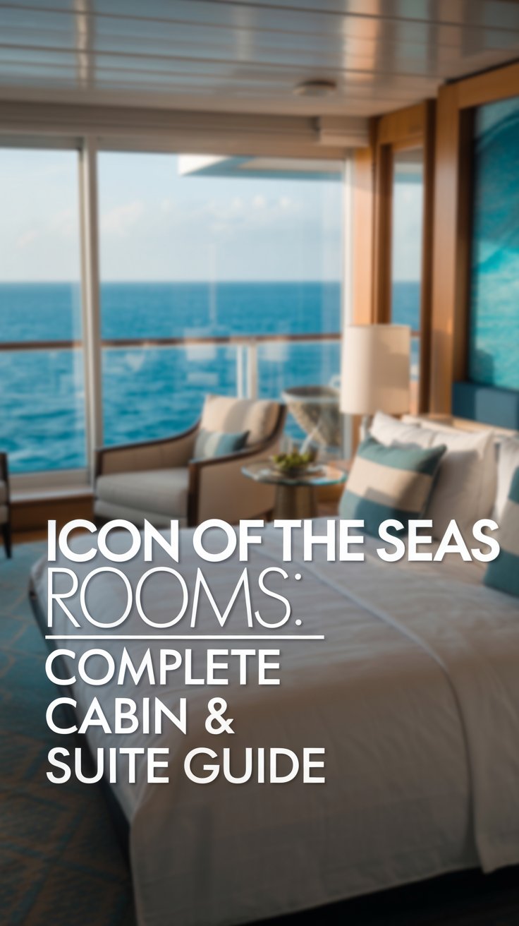 Big Text overlay aligned left: "Icon of the Seas Rooms: Complete Cabin & Suite Guide". Inside a cabin with balcony on a cruise ship. no other added text. The scene depicts the interior of a luxurious cruise ship cabin, bathed in warm, natural light. A plush, grey sofa sits against a large window offering a breathtaking view of the turquoise ocean. The windows are expansive, allowing the bright blue water to dominate the background, creating a sense of serenity and escape. "ICON OF THE SEAS ROOMS COMPLETE CABIN & SUITE GUIDE" is displayed prominently across the bottom of the image.