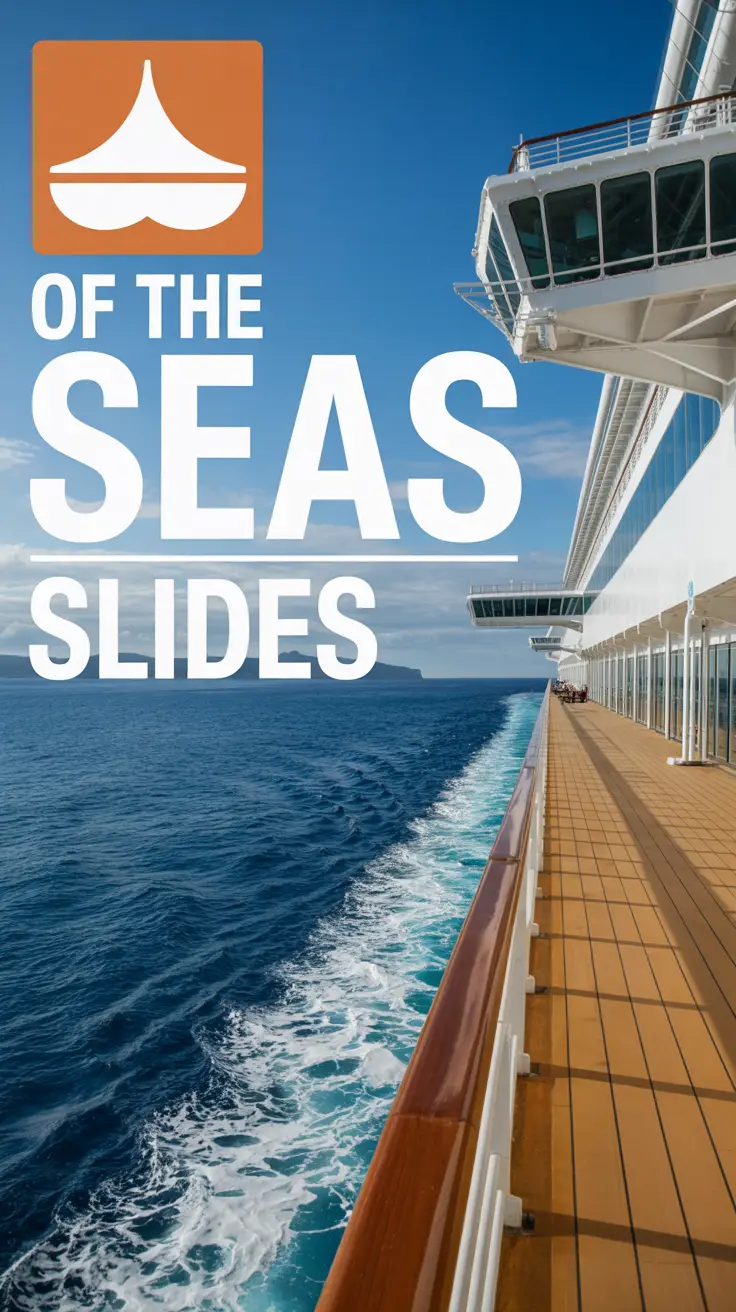 Big text overlay aligned left: Icon of the Seas Slides. On a cruise ship. Don't add any other text. Bright sunny day. Alt Tag description: Realistic image of cruise ship slides labeled "Icon of the Seas Slides," with large left-aligned text overlay and a bright sunny sky in the background.