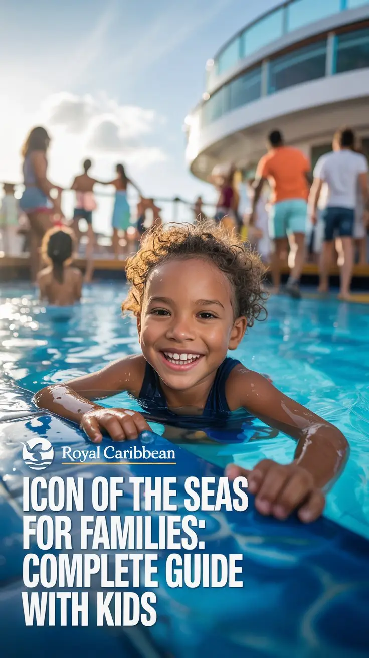 Big Text overlay aligned left: "Icon of the Seas for Families: Complete Guide with Kids". A close-up shows a joyful young boy with curly hair, swimming in a bright blue pool on a cruise ship. He's smiling and appears to be having a wonderful time. In the background, blurred figures of people are visible enjoying the deck of the ship, suggesting a lively atmosphere. The Royal Caribbean logo is visible in the bottom left corner, and below it is the text "ICON OF THE SEAS FOR FAMILIES: COMPLETE GUIDE WITH KIDS".