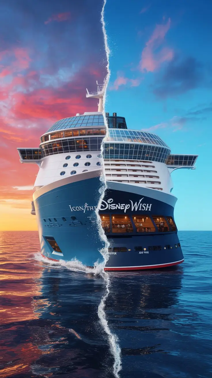 A dramatic digital art illustration depicting a head-to-head comparison of the "Icon of the Seas" and the "Disney Wish" cruise ships in a dynamic showdown. Each ship is dramatically split vertically down the middle, revealing a detailed cross-section showcasing their interiors, amenities, and architectural styles. The two halves of the ships face each other across a stylized ocean background with a vibrant sunset, creating a sense of competition and grandeur. Wisps of stylized sea spray and subtle lighting effects highlight the scale and magnificence of these family-focused cruise ships.