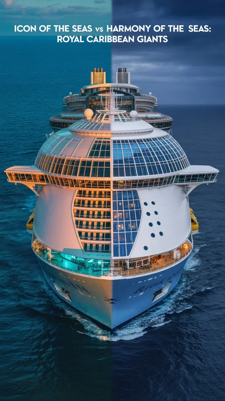 A dramatic digital art piece comparing "Icon of the Seas vs Harmony of the Seas: Royal Caribbean Giants". The two massive cruise ships are depicted split vertically down the middle, showcasing their distinct architectural details and scale. The left side of the image features the Icon of the Seas, highlighted with vibrant orange and turquoise accents, while the right side showcases the Harmony of the Seas in a cool blue and white palette. A deep ocean background with subtle bioluminescent details and a dramatic lighting scheme emphasizes the ships’ grandeur and maritime power.