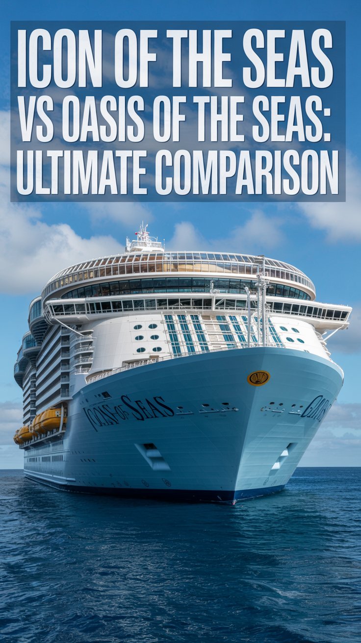 Big text overlay aligned left: Icon of the Seas vs Oasis of the Seas: Ultimate Comparison. Don't add any other text. Bright sunny day.