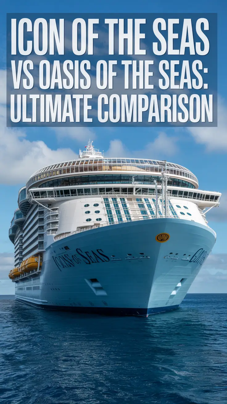 Big text overlay aligned left: Icon of the Seas vs Oasis of the Seas: Ultimate Comparison. Don't add any other text. Bright sunny day.
