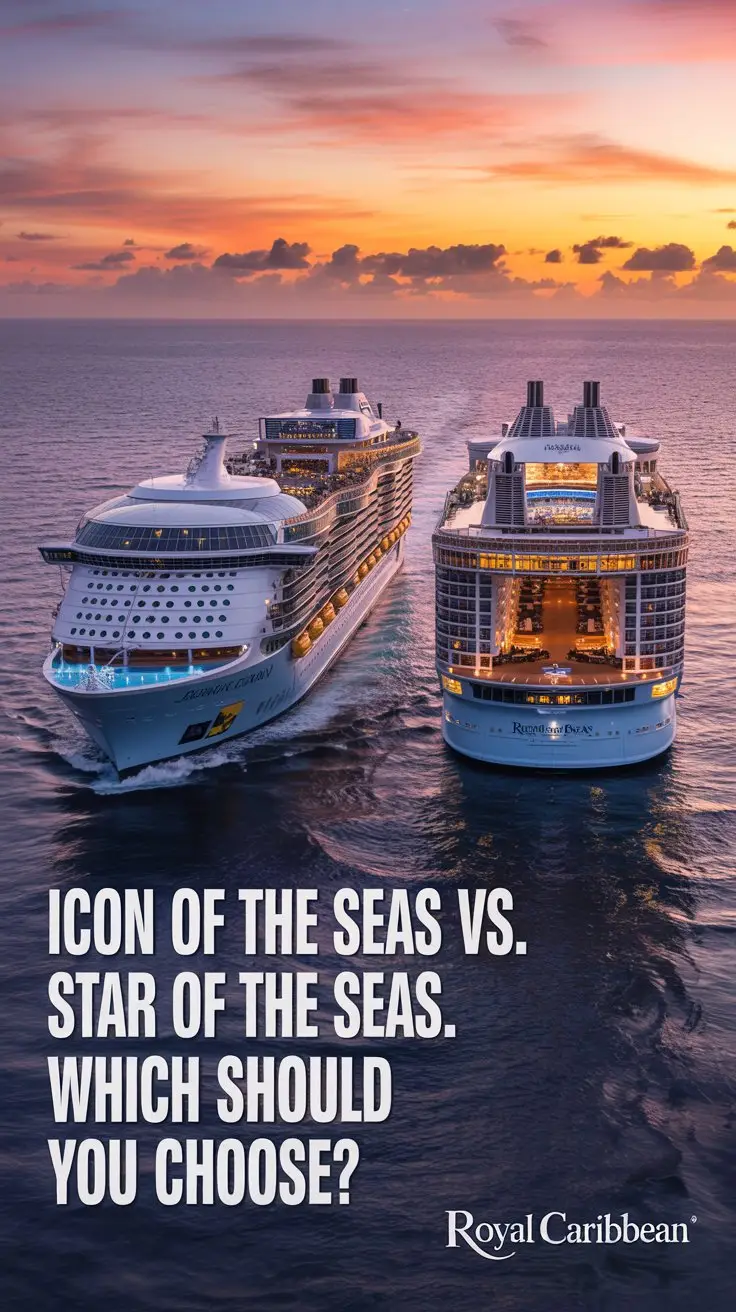 Big Text overlay aligned left: "Icon of the Seas vs Star of the Seas. Which should you choose?". A majestic cruise ship, Royal Caribbean's "Icon of the Seas, " glides through a tranquil, turquoise ocean as the sun begins to set, casting a warm, golden glow upon the water. Two ships are depicted, with the "Icon of the Seas" dominating the foreground and another ship, presumably the "Star of the Seas". The scene is framed by a breathtaking sunset sky filled with vibrant hues of orange, pink, and purple. Below the ship, the logo "Royal Caribbean" is prominently displayed, completing the stunning seascape.