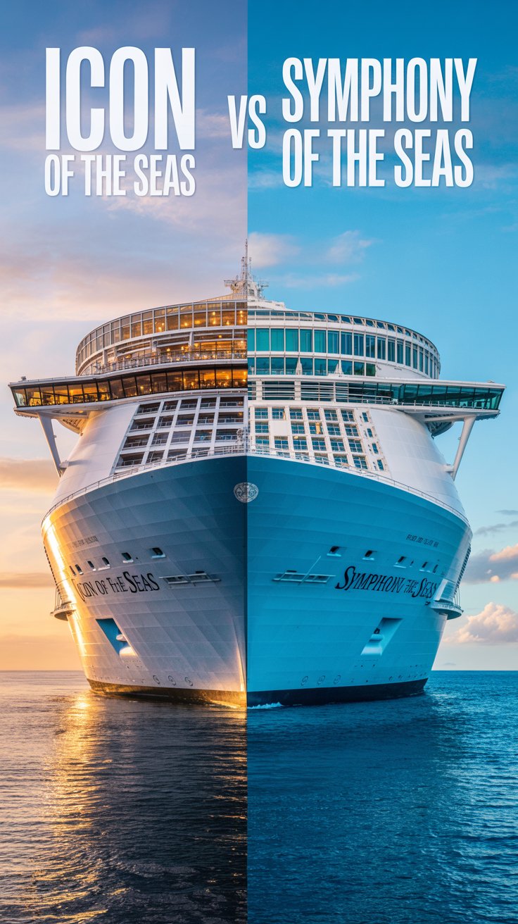 A dramatic, side-by-side comparison poster showcasing the "Icon of the Seas" and "Symphony of the Seas" cruise ships. The "Icon of the Seas" is positioned on the left, depicted with its distinctive, illuminated crown and sleek, modern design, while the "Symphony of the Seas" is on the right, showcasing its grand scale and iconic aqua-blue exterior. Both ships are rendered against a vibrant, stylized ocean backdrop with dynamic lighting, highlighting their respective architectural features and emphasizing their colossal size, with the text "Icon of the Seas vs Symphony of the Seas" aligned to the left in a bold, modern font. Subtle reflections on the water and a hint of a sunset sky complete the scene, creating a sense of luxury and adventure.