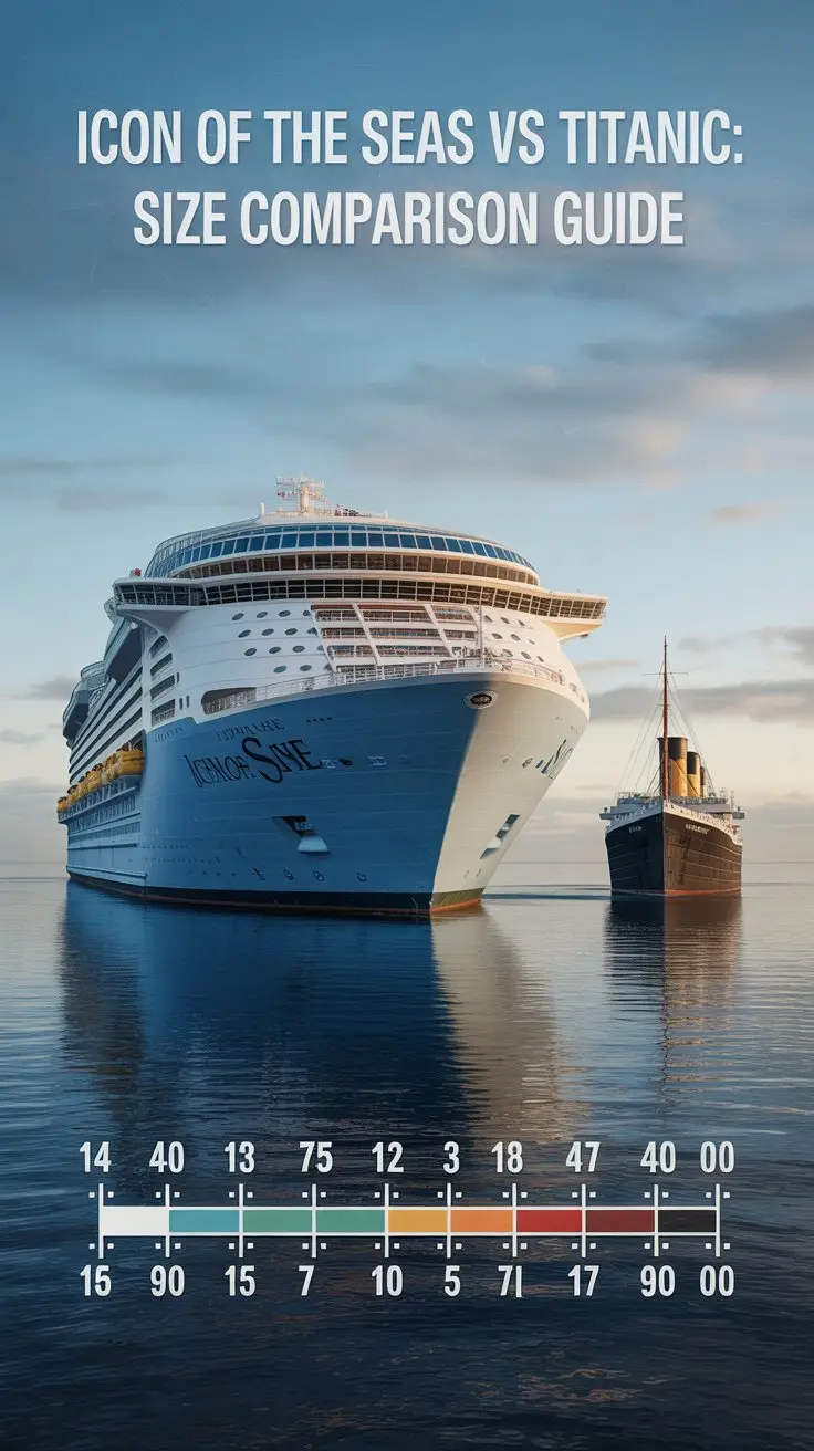An infographic-style comparison poster showcasing "Icon of the Seas vs Titanic: Size Comparison Guide". The colossal Icon of the Seas cruise ship is depicted floating prominently on the left, its immense scale visually emphasized alongside a smaller representation of the Titanic on the right. A clear, segmented visual scale stretches across the bottom of the poster, accurately indicating the length difference between the two vessels, with precise measurements labeled. The background features a calm, deep blue ocean under a soft, overcast sky, creating a sense of awe and historical context for the size comparison.