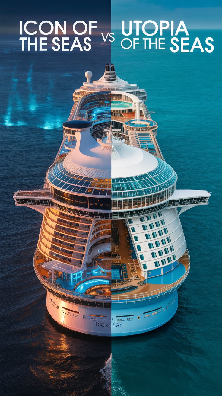 A dramatic digital art poster comparing "Icon of the Seas vs Utopia of the Seas". The poster showcases two colossal cruise ships, dynamically split vertically down the center, revealing detailed cross-sections of their decks, pools, and interior spaces, each ship a vibrant display of modern naval architecture. The left side features the "Icon of the Seas" with its distinctive orange and blue accents, while the right side highlights the "Utopia of the Seas" with its turquoise and white color scheme. A dark, deep-sea blue gradient background with subtle bioluminescent effects provides depth and contrast, emphasizing the scale and majesty of these maritime giants.