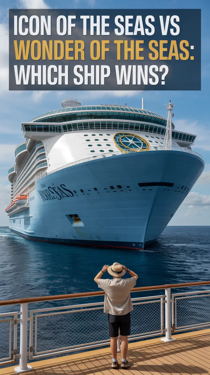 Big text overlay aligned left: Icon of the Seas vs Wonder of the Seas: Which Ship Wins?. Casual Tourist. Don't add any other text. Bright sunny day.