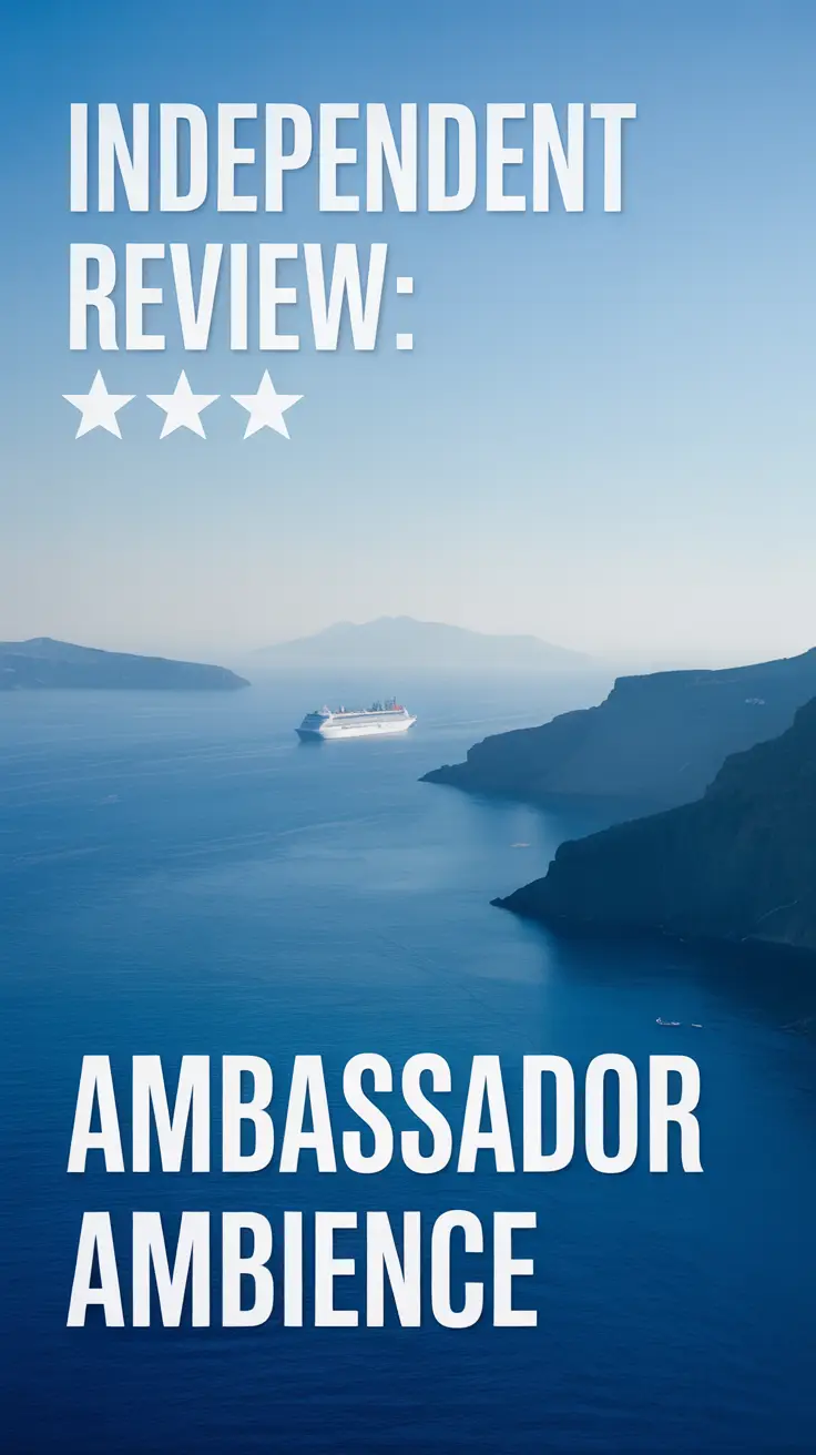Cruise ship in the far distance on a bright sunny day in the Mediterranean, large text aligned left reading "Independent Review: Ambassador Ambience", realistic style.