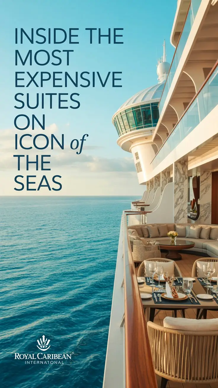 A luxurious lifestyle advertisement showcasing the opulent interiors of the most exclusive suites aboard the Icon of the Seas cruise ship, with a focus on elegant design and premium amenities. The image features a spacious suite with floor-to-ceiling windows overlooking a vibrant turquoise ocean, bathed in soft, natural light that highlights the plush furnishings, marble accents, and a meticulously set dining table with crystal glassware. A tastefully blurred view of the ship's exterior and a discreetly placed Royal Caribbean International logo subtly reinforce the brand, while the bold text "Inside the Most Expensive Suites on Icon of the Seas" is prominently aligned to the left in a modern, clean font. The overall aesthetic is one of refined elegance and aspirational travel, conveying a sense of exclusive luxury and unforgettable experiences.