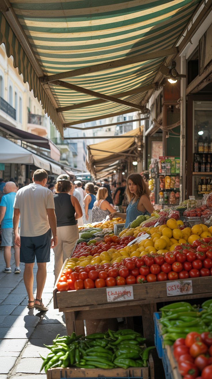 A photograph of the vibrant Kapani Market in Thessaloniki, Greece, bustling with activity under a bright sunny day. The scene is centered on a weathered wooden stall overflowing with colorful fresh produce – ripe tomatoes, fragrant lemons, and vibrant green peppers arranged in neat piles. A few shoppers, dressed in casual summer attire, are examining the goods, their faces partially obscured by the shadows cast by striped awnings. Warm sunlight filters through the market’s canvas roof, creating a lively atmosphere and illuminating the cobblestone ground.