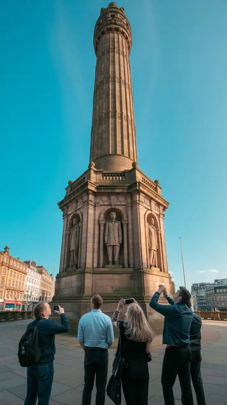 A photograph of several tourists exploring Grey's Monument in Newcastle upon Tyne. The monument is a towering neoclassical structure made of sandstone, with detailed carvings and statues of prominent figures. The tourists, a mix of ages and nationalities, are gazing upwards, some taking photos with their phones, under a bright blue sky. The surrounding cityscape is visible in the background, showcasing the historic architecture of Newcastle bathed in warm, afternoon sunlight.