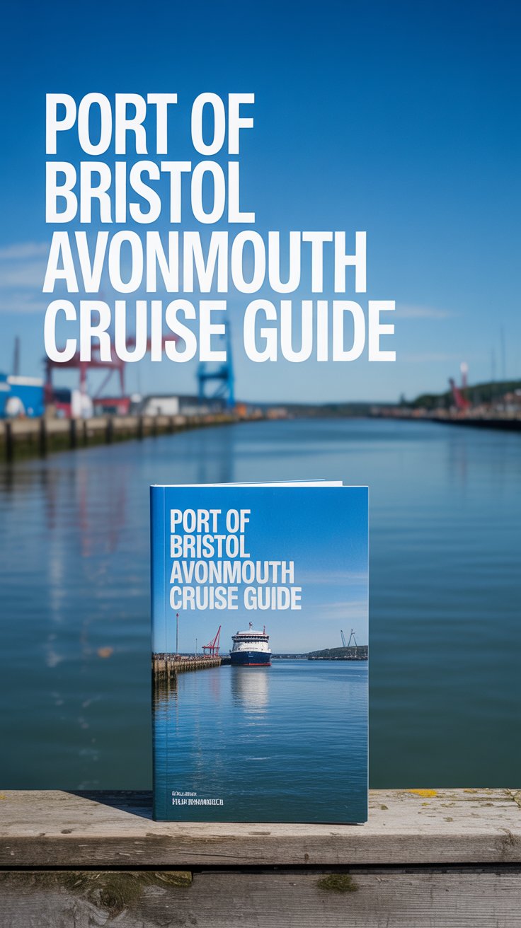 A vibrant product photography advertisement showcasing the Port of Bristol Avonmouth Cruise Guide, presented as a sleek, modern booklet resting on a weathered wooden dock overlooking a calm, blue estuary. The bright, sunny day is emphasized by a clear sky and gentle reflections on the water, with the image captured using a wide-angle lens to highlight the expansive harbor and the sense of maritime adventure. Boldly aligned to the left, the text "Port of Bristol Avonmouth Cruise Guide" appears in a clean, sans-serif font against a subtly blurred background of distant cranes and industrial buildings, creating a professional and inviting aesthetic that conveys the gateway to exciting voyages. The overall mood is optimistic and adventurous, reinforcing Bristol’s position as a premier cruise destination without depicting a cruise ship itself.