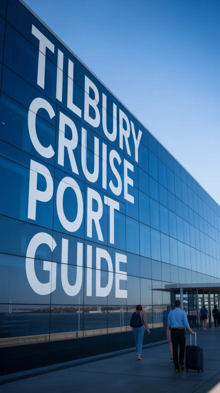A photograph of a modern cruise terminal at Tilbury Cruise Port, bathed in bright sunlight with a clear blue sky overhead. The terminal features sleek glass and metal panel architecture reflecting the sky and water. Large white text on the exterior wall reads "Tilbury Cruise Port Guide" in a clean, sans-serif font. A few passengers with rolling suitcases are seen entering the building, and soft shadows emphasize the structure's depth and design.