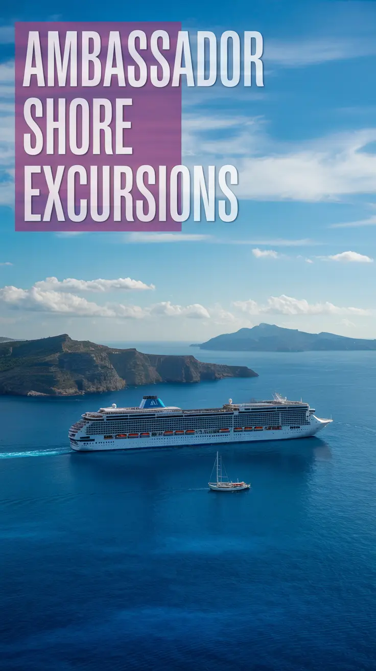 A cruise ship in the far-off distance sailing across the Mediterranean Sea on a bright, sunny day, with large left-aligned text overlay reading "Ambassador Cruises Shore Excursions".