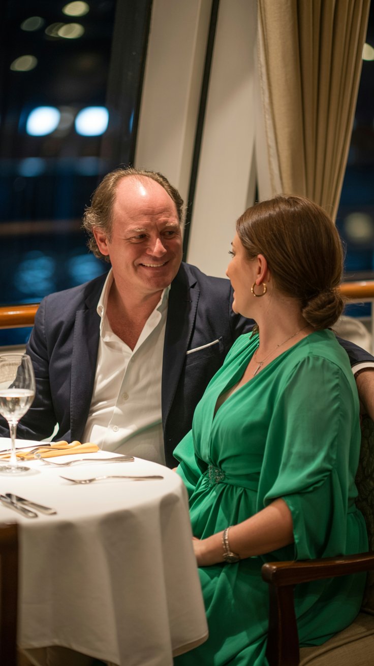 A photograph of a middle-aged couple enjoying a formal dinner in the elegant dining room of a cruise ship. The man, with thinning hair and a slightly round belly, wears a navy blazer over a crisp white shirt, while the woman, also with a comfortable build, is dressed in a flowing emerald green dress. A single spotlight illuminates the couple at their table, highlighting the fine china and silverware, while the background gently fades into the softly lit ship interior. The subtle glow creates a sense of intimacy and relaxed sophistication.
