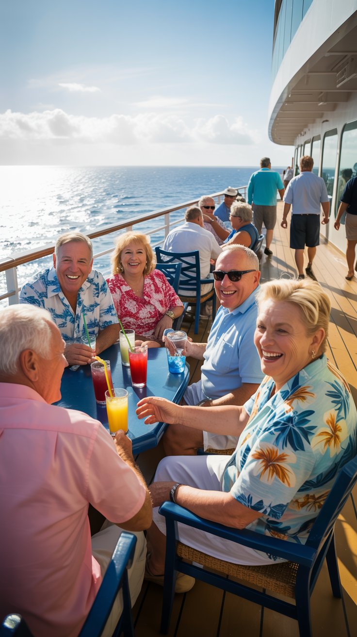 A photograph of a group of older adults enjoying a casual get-together on the deck of a large cruise ship. Several smiling individuals with varying body types are seated at a table with colorful drinks, wearing comfortable tourist attire such as Hawaiian shirts and sundresses. Sunlight glints off the ocean in the background, creating a bright and cheerful atmosphere, and a few passengers can be seen strolling along the ship's railing. The scene captures a sense of relaxed enjoyment and camaraderie, bathed in the warm glow of a bright sunny day.