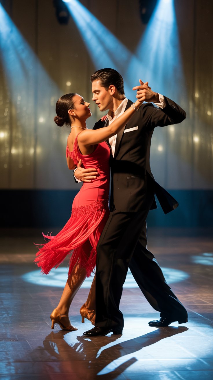 A photograph of a couple passionately dancing a latin style routine on a dimly lit stage. The woman is wearing a vibrant red dress with flowing fringe, while the man is in a tailored black suit with a crisp white shirt and loosened tie. Spotlights cast dramatic shadows and highlight their swirling movements, emphasizing the elegant lines of their bodies and the sparkle of the dance floor. The background is a blurred wall with subtle stage lighting gradients, creating a sense of depth and focus on the dancers.