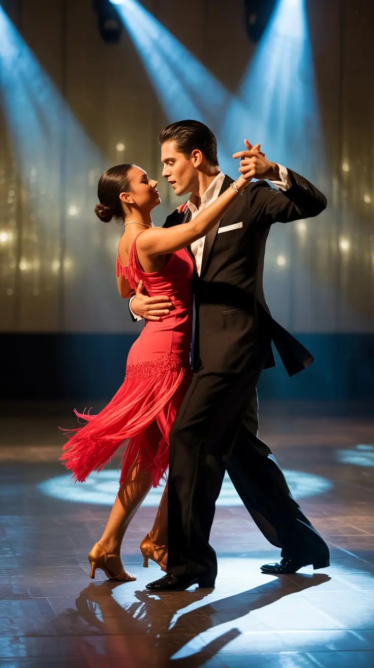 A photograph of a couple passionately dancing a latin style routine on a dimly lit stage. The woman is wearing a vibrant red dress with flowing fringe, while the man is in a tailored black suit with a crisp white shirt and loosened tie. Spotlights cast dramatic shadows and highlight their swirling movements, emphasizing the elegant lines of their bodies and the sparkle of the dance floor. The background is a blurred wall with subtle stage lighting gradients, creating a sense of depth and focus on the dancers.