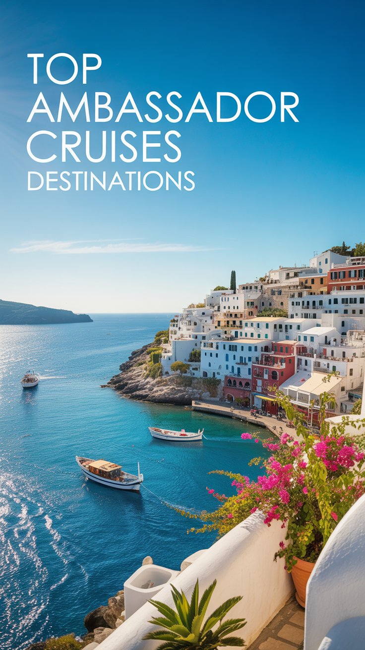 A vibrant lifestyle advertisement for Top Ambassador Cruises showcasing a stunning vista of the Mediterranean coastline, featuring picturesque white-washed villages cascading down to turquoise waters under a bright, cloudless sky. The scene focuses on a panoramic view, highlighting the beauty of the destinations without depicting a cruise ship, utilizing warm, golden sunlight and vibrant blues and greens to evoke feelings of relaxation and adventure. Subtle details include colorful bougainvillea flowers cascading over balconies and small fishing boats gently bobbing in the harbor, with the text "Top Ambassador Cruises Destinations" prominently aligned to the left in a clean, modern font. The overall mood is aspirational and inviting, emphasizing the allure of exploring the Mediterranean with Top Ambassador Cruises and conveying a sense of premium travel and unforgettable experiences.