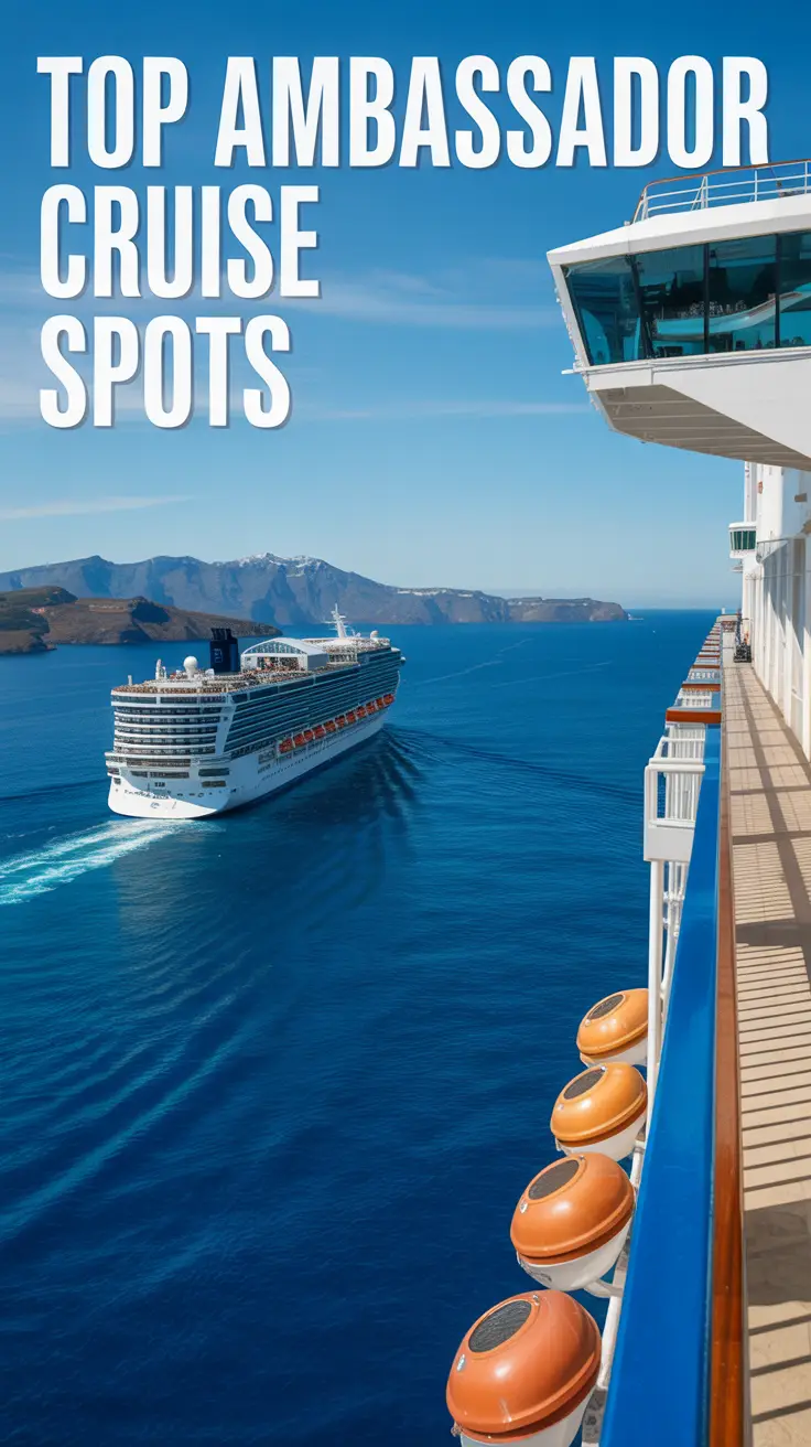 Big text overlay aligned left: Top Ambassador Cruise Spots. There is a cruise ship in the far off distance in the Mediterranean. Don't add any other text. Bright sunny day. Alt tag description: A distant cruise ship sails across the Mediterranean Sea under a bright sunny sky, with bold text on the left reading "Top Ambassador Cruise Spots."