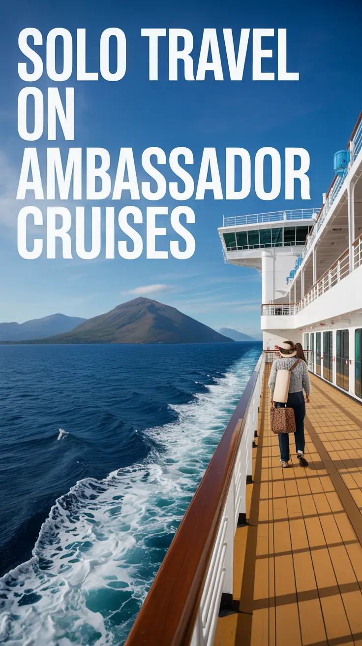 Solo Travel on Ambassador Cruises. On a cruise ship. Bright sunny day.