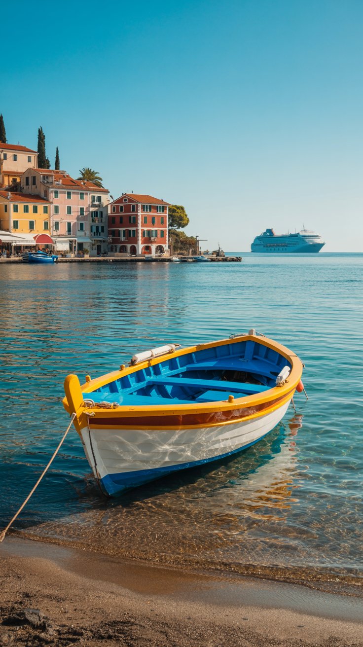 A photograph of a picturesque Mediterranean waterfront featuring a vibrant terracotta-roofed village cascading down to the azure sea. A small wooden fishing boat with bright blue and yellow accents rests gently on the sandy shore, its reflection shimmering on the calm water. In the far distance, a large cruise ship appears as a faint silhouette against the horizon, adding a sense of scale to the tranquil scene. The bright, sunny day casts a warm glow across the entire view, highlighting the vibrant colors of the buildings and the crystal-clear water.