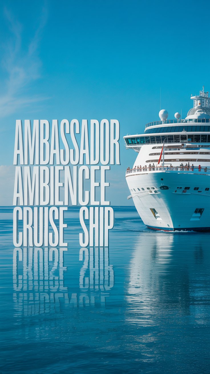 A stunning lifestyle advertisement showcasing the "Ambassador Ambience Cruise Ship" sailing through crystal-clear turquoise waters under a bright, cloudless sunny day. The image features a wide shot of the luxurious cruise ship, emphasizing its spacious decks, elegant architecture, and happy passengers enjoying various activities, all bathed in warm, natural sunlight and vibrant blue hues. Subtle reflections of the ship shimmer on the water’s surface, creating a sense of tranquility and opulence, while the large, bold text “Ambassador Ambience Cruise Ship” is strategically aligned to the left of the frame in a sophisticated, modern font. The overall mood is aspirational and inviting, conveying a premium travel experience and reinforcing the brand's commitment to luxury and relaxation.