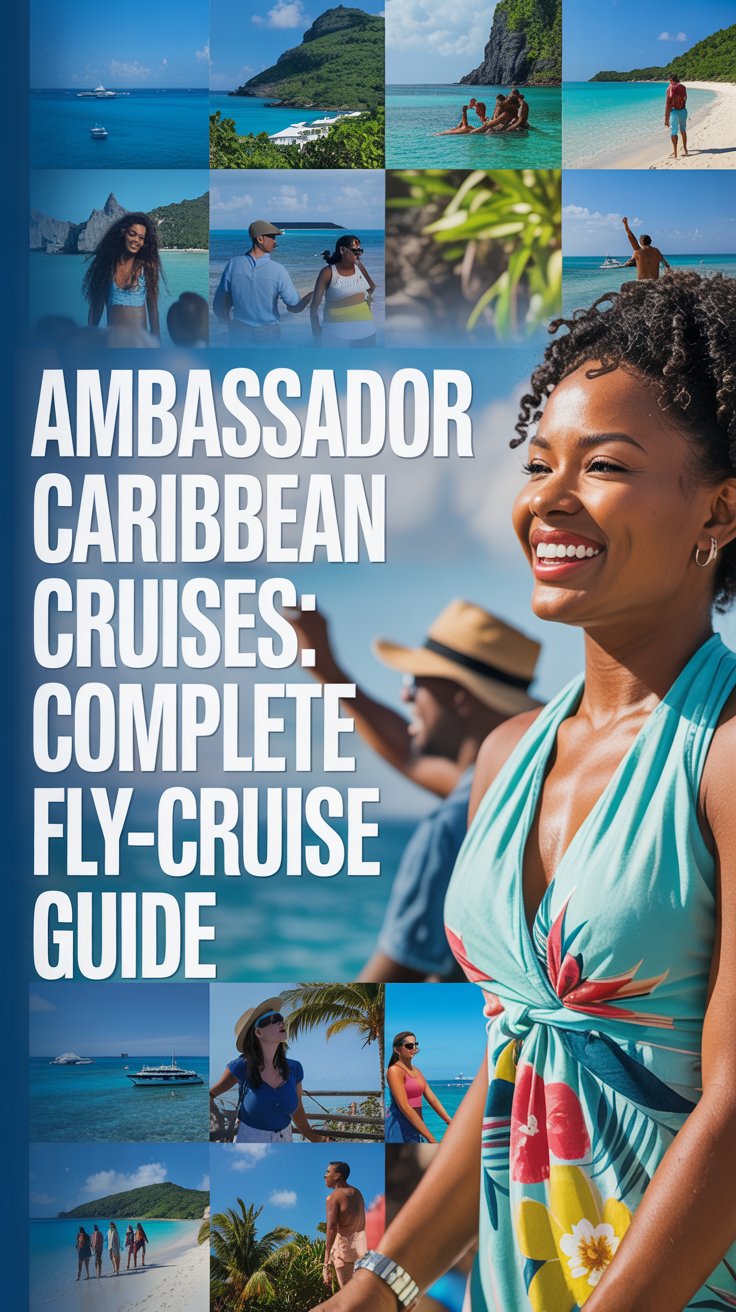 A vibrant lifestyle advertisement for Ambassador Caribbean Cruises showcases a collage of sun-drenched imagery depicting pristine beaches, turquoise waters, lush tropical foliage, and smiling travelers enjoying various activities. The background collage subtly fades into a soft gradient of blues and greens, providing a visually engaging backdrop without distracting from the main text overlay. Positioned on the left side is bold, white text reading “Ambassador Caribbean Cruises: Complete Fly-Cruise Guide” against a slightly darker blue band, ensuring readability and prominence. The overall aesthetic is bright, optimistic, and inviting, conveying the promise of a relaxing and adventurous Caribbean getaway, capturing the essence of a perfect sunny day.