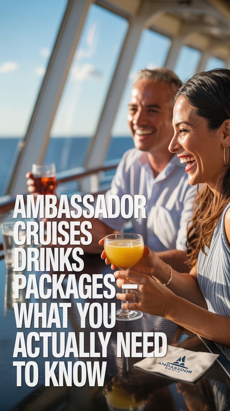 A lifestyle advertisement showcasing Ambassador Cruises’ drinks packages, featuring a warmly lit, elegant bar scene aboard a cruise ship during a bright, sunny afternoon. Two casually dressed, middle-aged individuals are smiling and laughing while enjoying cocktails, with a blurred view of the ocean visible through the large panoramic windows in the background. Bold, white text aligned to the left reads “"Ambassador Cruises Drinks Packages - What You Actually Need to Know"”, subtly integrated into the scene without distracting from the overall ambiance, while the Ambassador Cruises logo is discreetly placed on a napkin on the bar. The image evokes a sense of relaxed luxury and enjoyment, utilizing a shallow depth of field and warm color tones to create an inviting and aspirational feel, highlighting the ease and value of the cruise line’s drinks packages.
