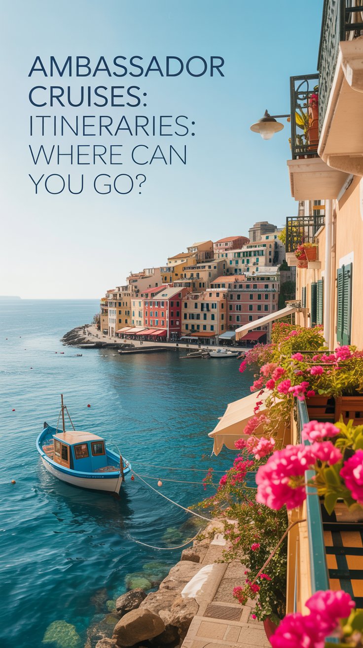 A vibrant lifestyle advertisement for Ambassador Cruises showcasing the allure of the Mediterranean, focusing on a picturesque coastal town bathed in golden sunlight. The scene features charming, colorful buildings cascading down a hillside towards a sparkling turquoise sea, with a small, traditional fishing boat gently bobbing in the harbor and vibrant bougainvillea overflowing from balconies, hinting at the diverse destinations available. A sense of relaxed luxury is conveyed through the warm, inviting lighting and the overall composition emphasizing exploration and discovery, with the text “Ambassador Cruises Itineraries: Where Can You Go?” prominently aligned to the left in a clean, modern font against a slightly blurred background to maintain focus on the scenery. The overall aesthetic is bright, airy, and aspirational, embodying the freedom and adventure associated with Mediterranean travel and the Ambassador Cruises brand.