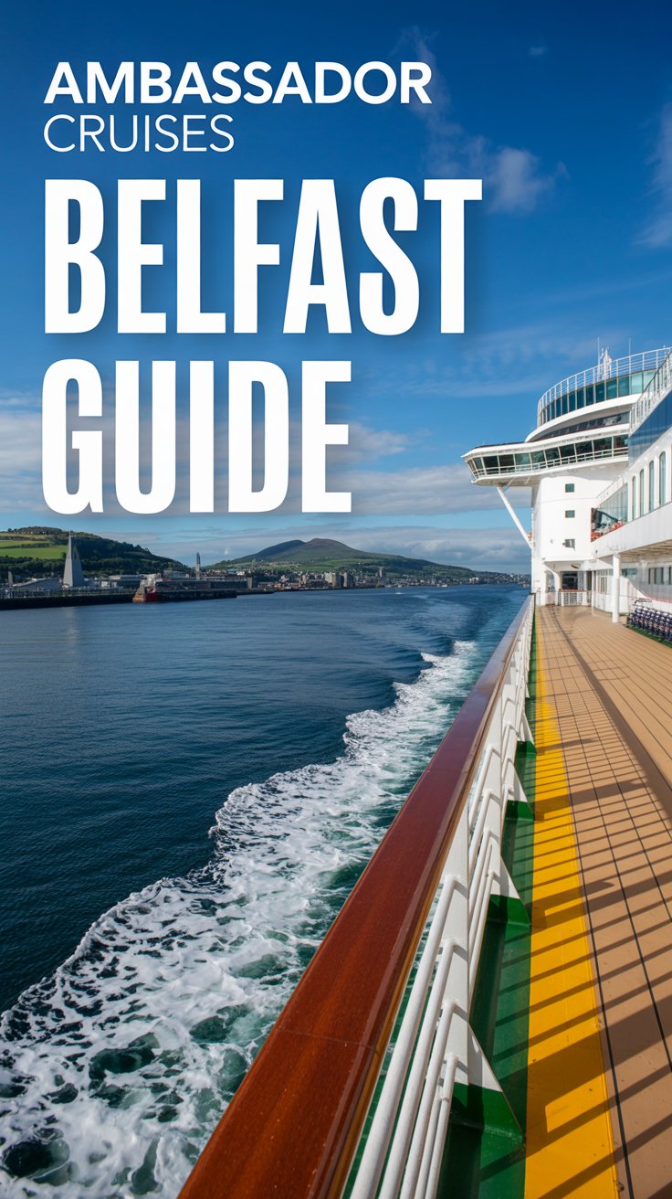 Big text overlay aligned left: Ambassador Cruises Belfast Guide. On a cruise ship. Don't add any other text. Bright sunny day. Alt Tag: Cruise ship deck under a bright sunny sky with bold left-aligned text reading "Ambassador Cruises Belfast Guide."