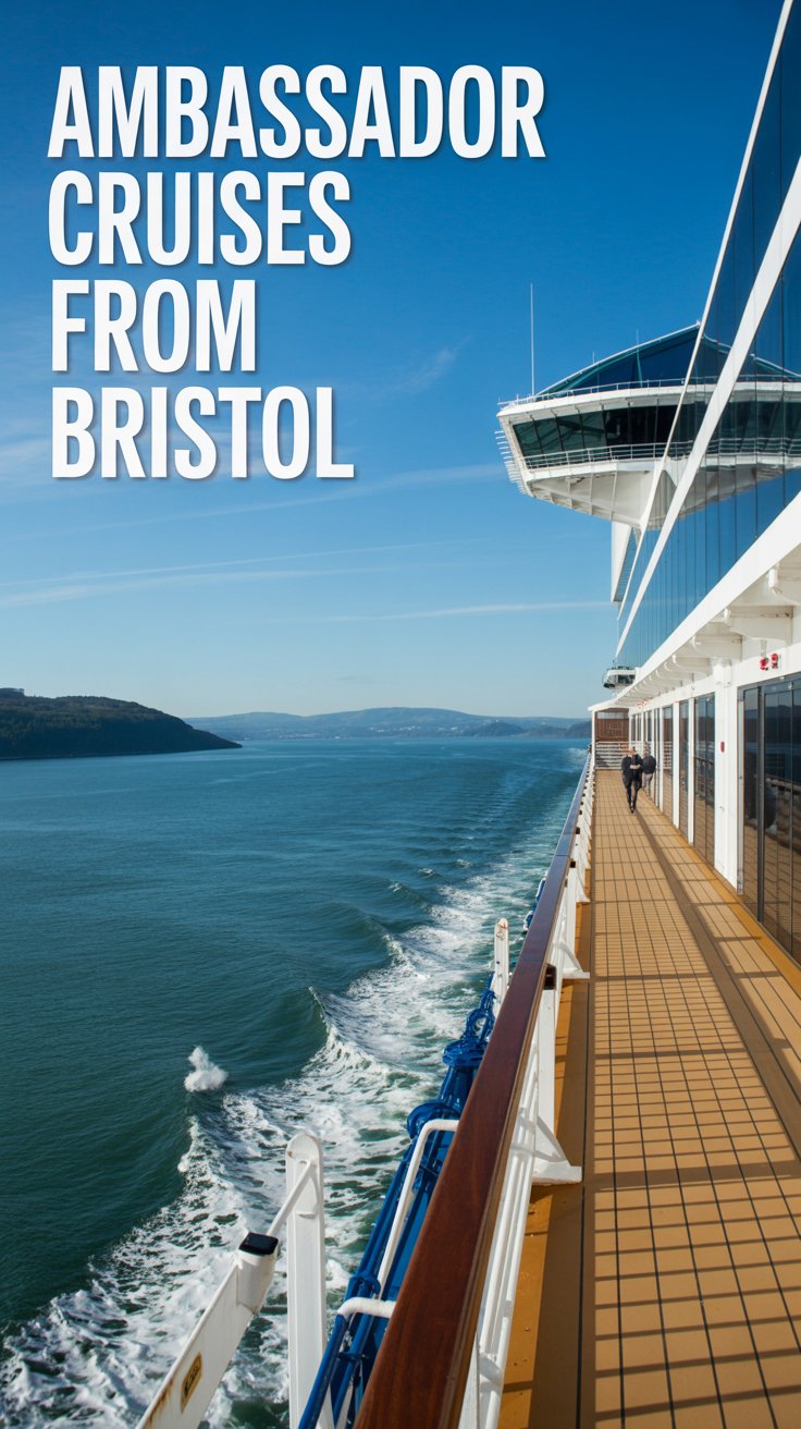 Ambassador Cruises from Bristol on a cruise ship during a bright sunny day, with large text overlay aligned to the left.
