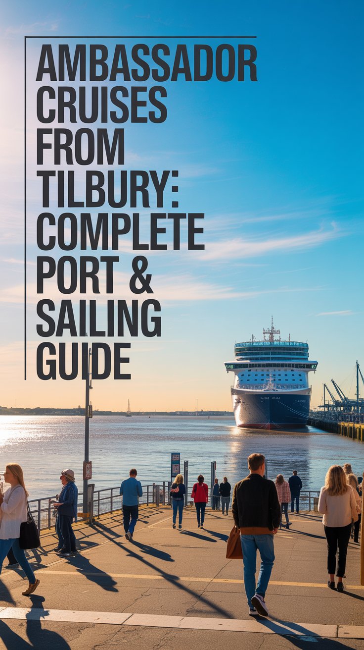 A vibrant lifestyle advertisement for Ambassador Cruises showcasing a picturesque view from Tilbury Docks, focusing on a gleaming cruise ship in the distant horizon under a brilliantly sunny sky. The foreground features a scenic view of the docks with people casually strolling and enjoying the atmosphere, all bathed in warm, golden sunlight, creating a sense of relaxed exploration and anticipation. Aligned to the left, bold text reads "Ambassador Cruises from Tilbury: Complete Port & Sailing Guide" in a modern, clean font, seamlessly integrated into the scene without detracting from the overall atmosphere, conveying the brand's accessibility and comprehensive travel information. The overall aesthetic is bright, inviting, and aspirational, aiming to evoke feelings of wanderlust and the promise of memorable journeys aboard Ambassador Cruises.