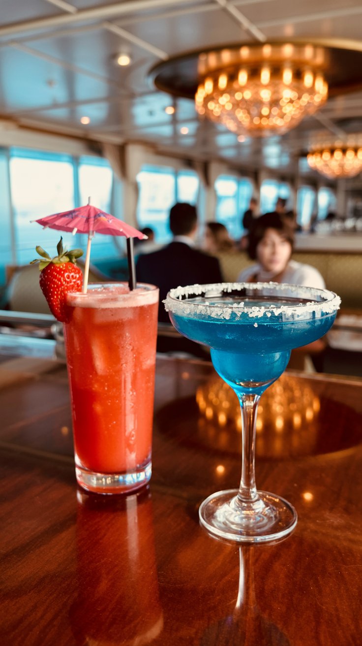 A photograph of two vibrant cocktails sitting on a polished mahogany bar within a luxurious cruise ship lounge. One cocktail is a bright pink strawberry daiquiri garnished with a fresh strawberry and a miniature paper umbrella, while the other is a deep blue curaçao margarita rimmed with coarse sea salt. Soft, ambient lighting from ornate chandeliers reflects off the mirrored bar surface, creating a warm, inviting atmosphere. In the blurred background, elegantly dressed passengers can be seen enjoying the evening, but no text appears on the image.